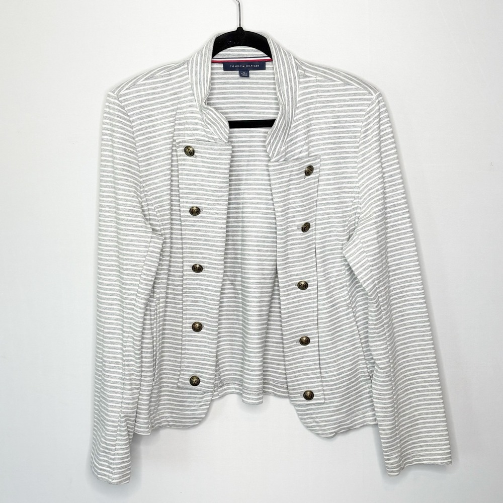 Tommy Hilfiger Womens XL Gray White Striped Military‎ Band Jacket Crest Buttons